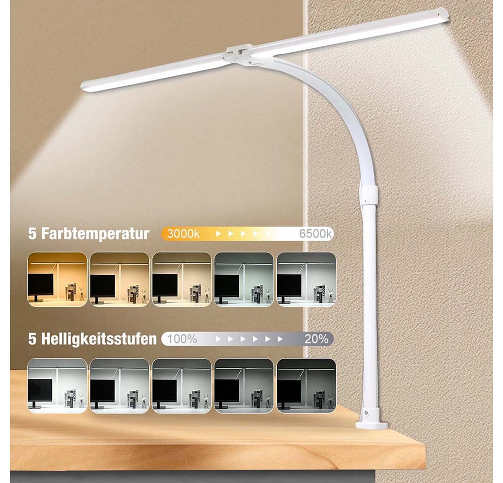 Sunicol LED Schreibtischlampe Doppelkopf klemmbar Schreibtischlampe, Dimmbar LED Tischlampe, 3000K-6500K, Flexibler Schwanenhals Büro Tischlampe mit Fernbedienung, 24W Bild 5