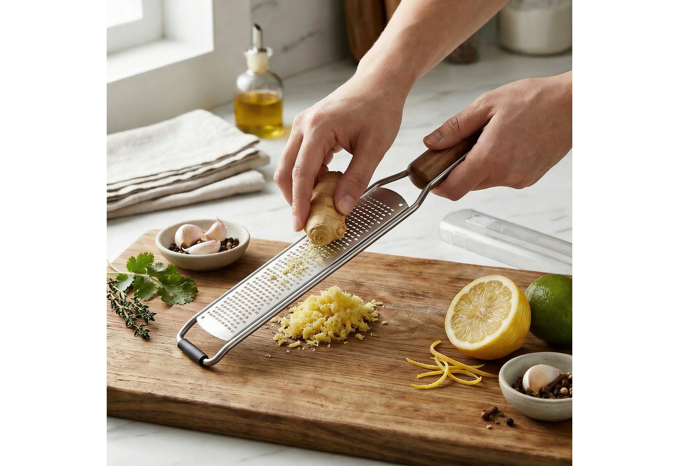 Arendo Multireibe Holzgriff Feinreibe für Zitronen, Parmesan, Muskat, Ingwer, Schokolade, Edelstahl, (2-St., mit Schutzabdeckung), Scharfe Edelstahlklinge, Schutzabdeckung, Antirutschfuß, Aufhängeloch Bild 4