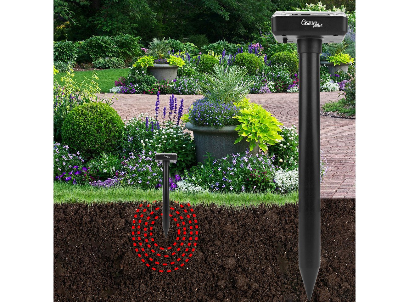 Casativo Ultraschall-Tierabwehr Solar-Maulwurfschreck Wühlmausvertreiber 400Hz IP44 auf bis zu 700 m², 2-tlg., 2er-Set & 8er-Set, Garten-Schreck je 30m Wirkungsradius/ NiMH-Akku 600 mAh/mit Erdspieß Bild 4