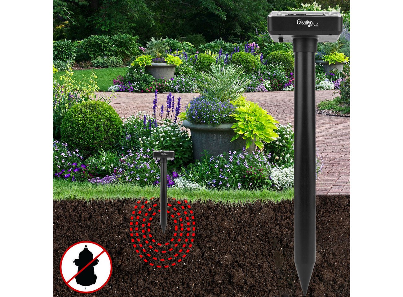 Casativo Ultraschall-Tierabwehr Solar-Maulwurfschreck Wühlmausvertreiber 400Hz IP44 auf bis zu 700 m², 2-tlg., 2er-Set & 8er-Set, Garten-Schreck je 30m Wirkungsradius/ NiMH-Akku 600 mAh/mit Erdspieß Bild 5