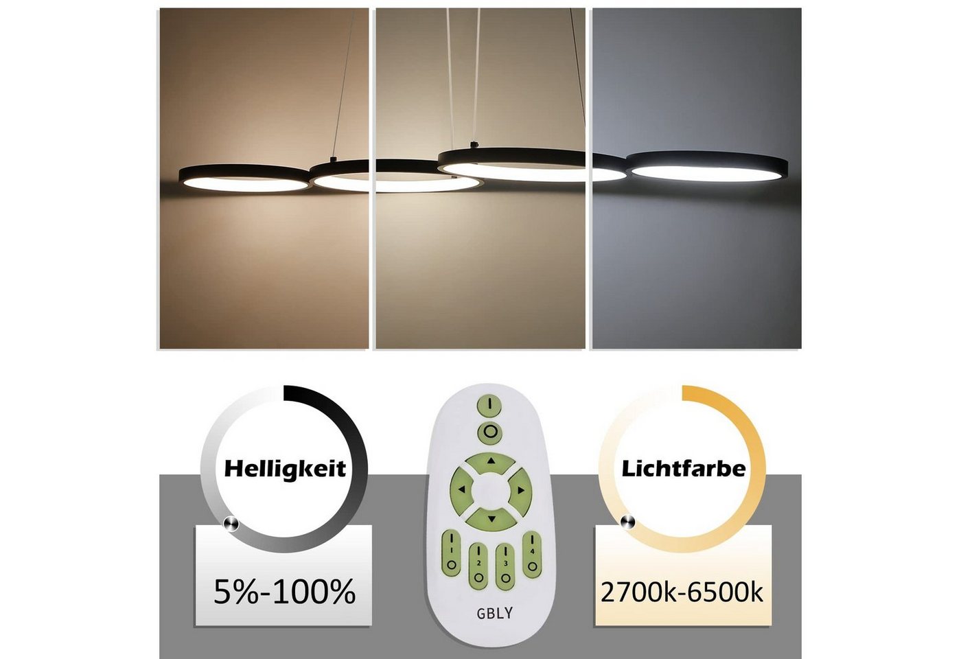 ZMH LED Pendelleuchte Esstisch 88 cm, 4-Ring Hängeleuchte und Hängelampe, dimmbar, LED fest integriert, warmweiß-kaltweiß, höhenverstellbar,mit Fernbedienung Bild 4