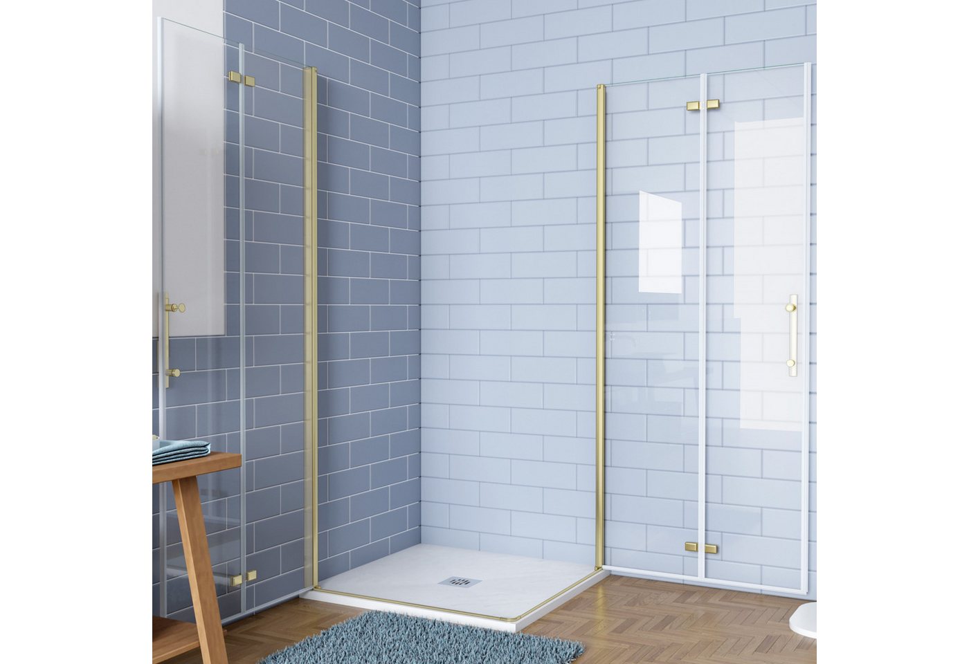 AICA Eckdusche H:195cm Scharniertür Drehtür Falttür Duschabtrennung Duschkabine Gold, BxT: 80x100 cm, ebenerdiger Einbau möglich,mit Drehtür,klare Optik