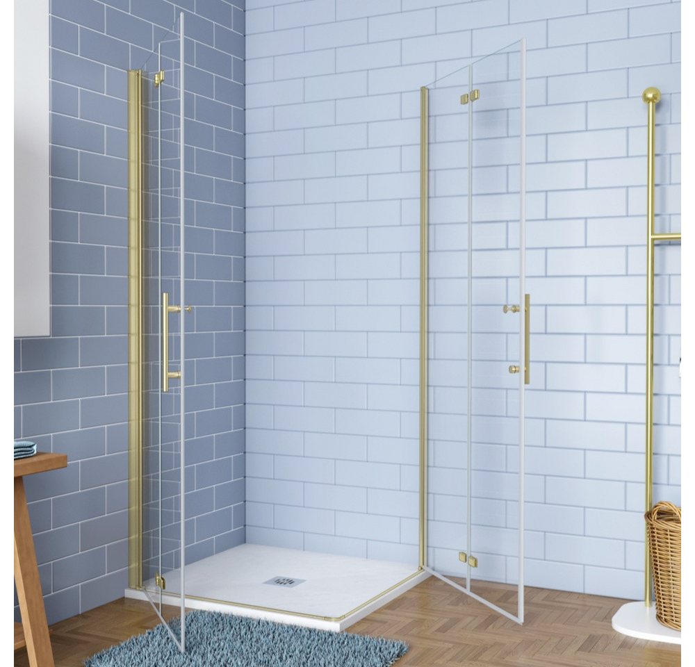 AICA Eckdusche H:195cm Scharniertür Drehtür Falttür Duschabtrennung Duschkabine Gold, BxT: 80x100 cm, ebenerdiger Einbau möglich,mit Drehtür,klare Optik Bild 3