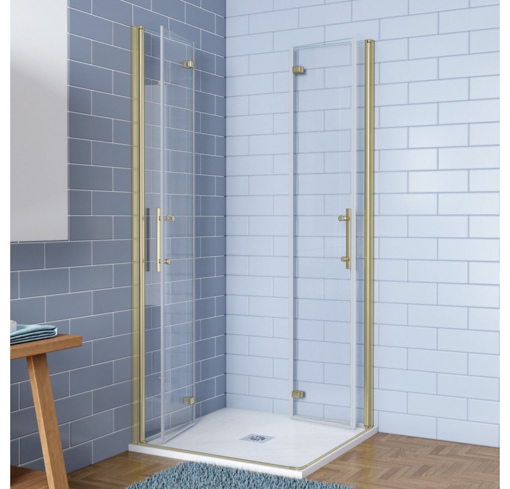 AICA Eckdusche H:195cm Scharniertür Drehtür Falttür Duschabtrennung Duschkabine Gold, BxT: 80x100 cm, ebenerdiger Einbau möglich,mit Drehtür,klare Optik Bild 5