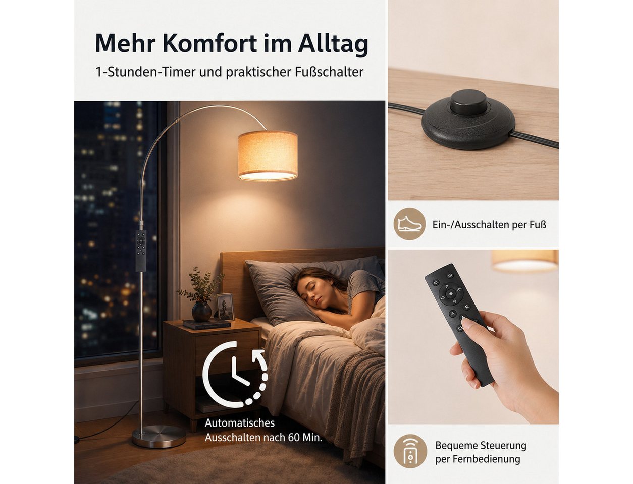 ANTENLICHT LED Stehlampe Elegante Bogenstehleuchte in Silber, Fernbedienung, E27 LED-Leuchtmittel inklusive, Warmweiß bis Tageslichtweiß (2700-6500K), Dimmbar, flexibel & stilvoll für perfektes Licht Bild 2