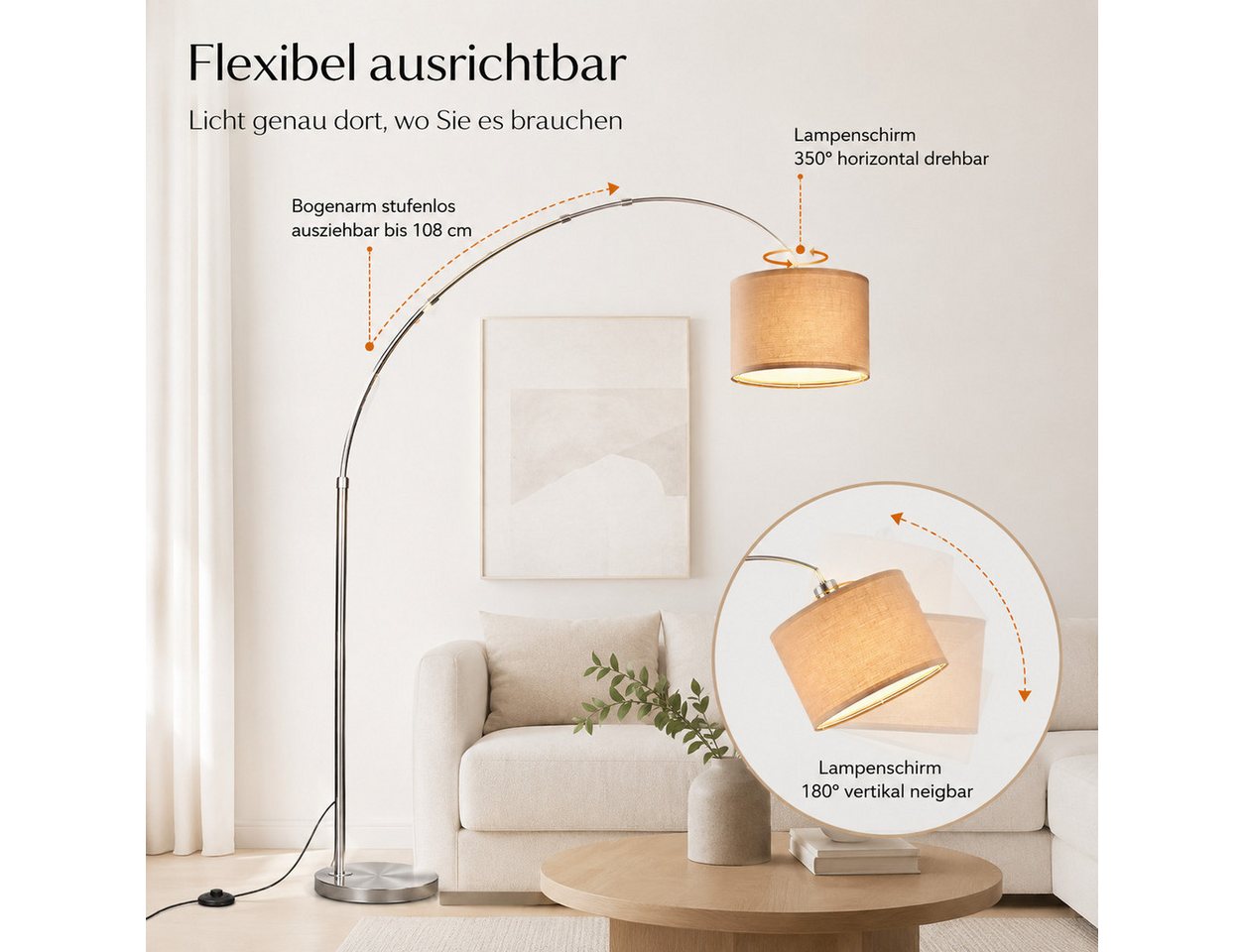 ANTENLICHT LED Stehlampe Elegante Bogenstehleuchte in Silber, Fernbedienung, E27 LED-Leuchtmittel inklusive, Warmweiß bis Tageslichtweiß (2700-6500K), Dimmbar, flexibel & stilvoll für perfektes Licht Bild 4
