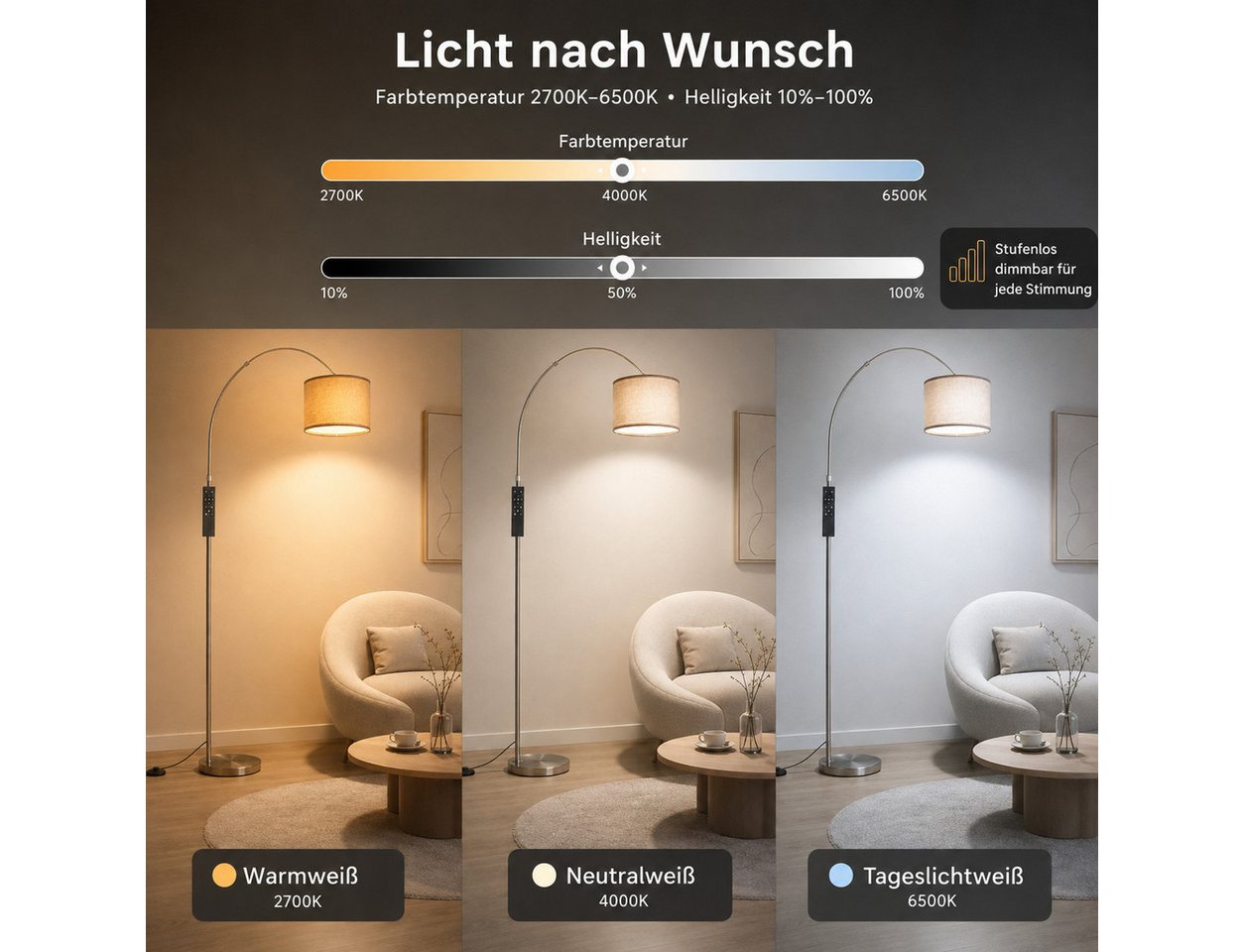 ANTENLICHT LED Stehlampe Elegante Bogenstehleuchte in Silber, Fernbedienung, E27 LED-Leuchtmittel inklusive, Warmweiß bis Tageslichtweiß (2700-6500K), Dimmbar, flexibel & stilvoll für perfektes Licht Bild 5