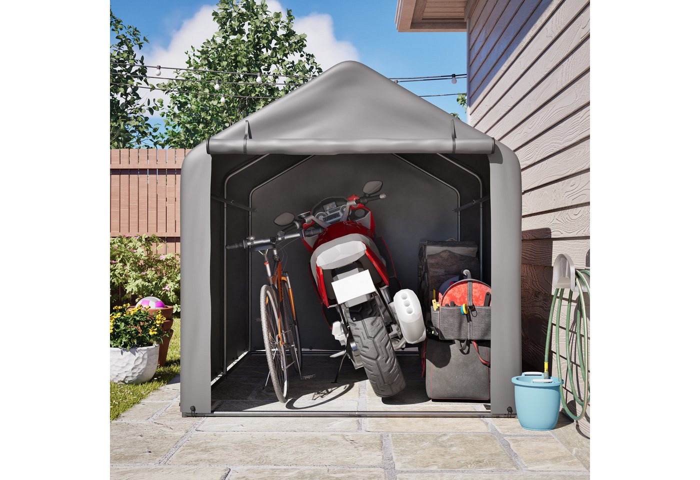 Blossom Garage Allwetter-Zeltgarage wasserdichten Garagenzelt Fahrradgarage aus Stahl (160x220x165 cm), Geräteschuppen mit Rolltor für Motorrad Gartenmöbel Werkzeug Bild 3