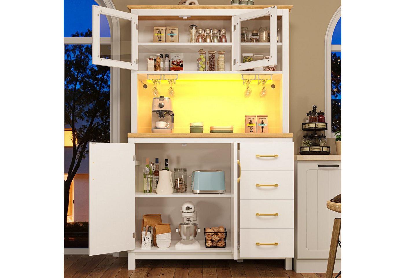 TavilaEcon Küchenbuffet Seitenboard, Aufbewahrungsschrank, Küchenschrank (1-St) im Landhausstil, mit LED-Lichtleiste & Getränkehaltern