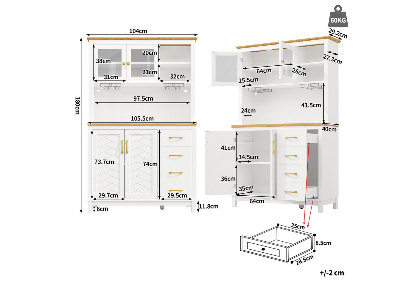 TavilaEcon Küchenbuffet Seitenboard, Aufbewahrungsschrank, Küchenschrank (1-St) im Landhausstil, mit LED-Lichtleiste & Getränkehaltern Bild 2