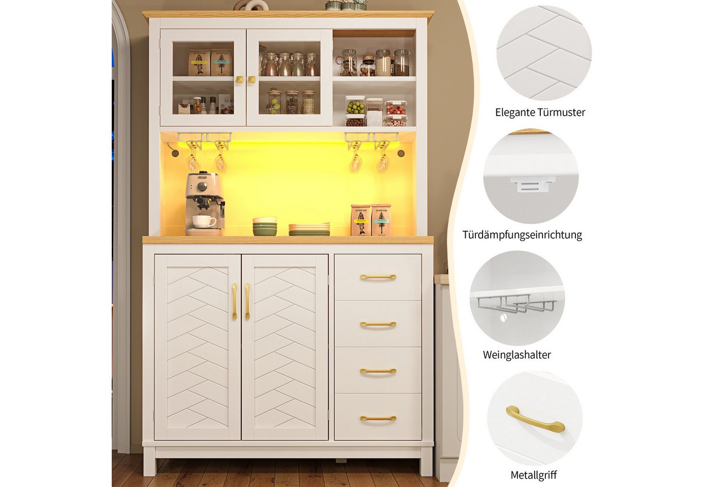 TavilaEcon Küchenbuffet Seitenboard, Aufbewahrungsschrank, Küchenschrank (1-St) im Landhausstil, mit LED-Lichtleiste & Getränkehaltern Bild 3