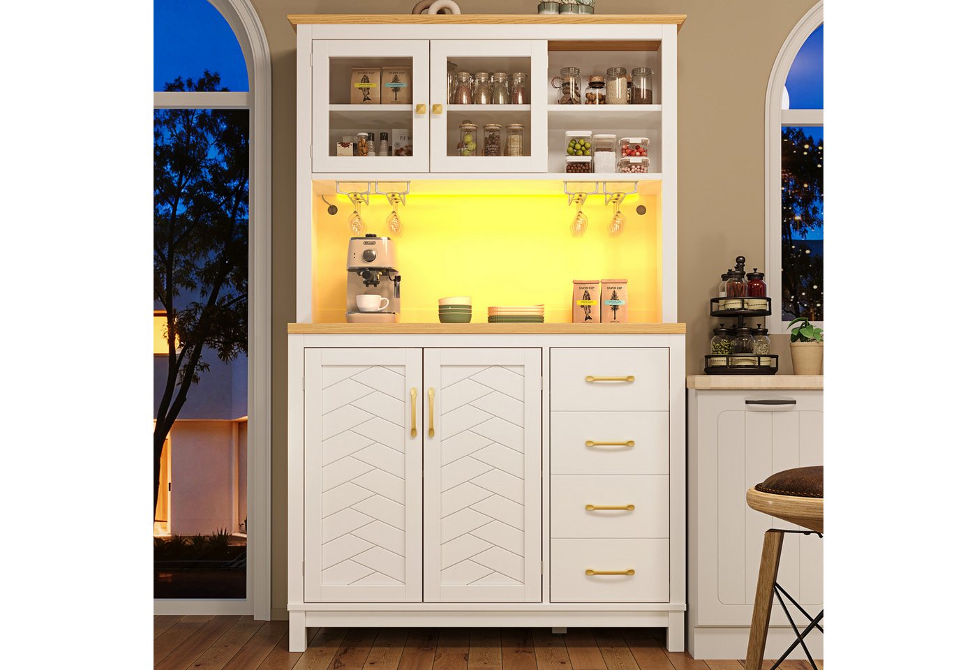 TavilaEcon Küchenbuffet Seitenboard, Aufbewahrungsschrank, Küchenschrank (1-St) im Landhausstil, mit LED-Lichtleiste & Getränkehaltern Bild 4
