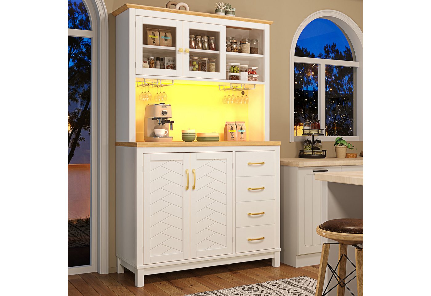 TavilaEcon Küchenbuffet Seitenboard, Aufbewahrungsschrank, Küchenschrank (1-St) im Landhausstil, mit LED-Lichtleiste & Getränkehaltern Bild 5