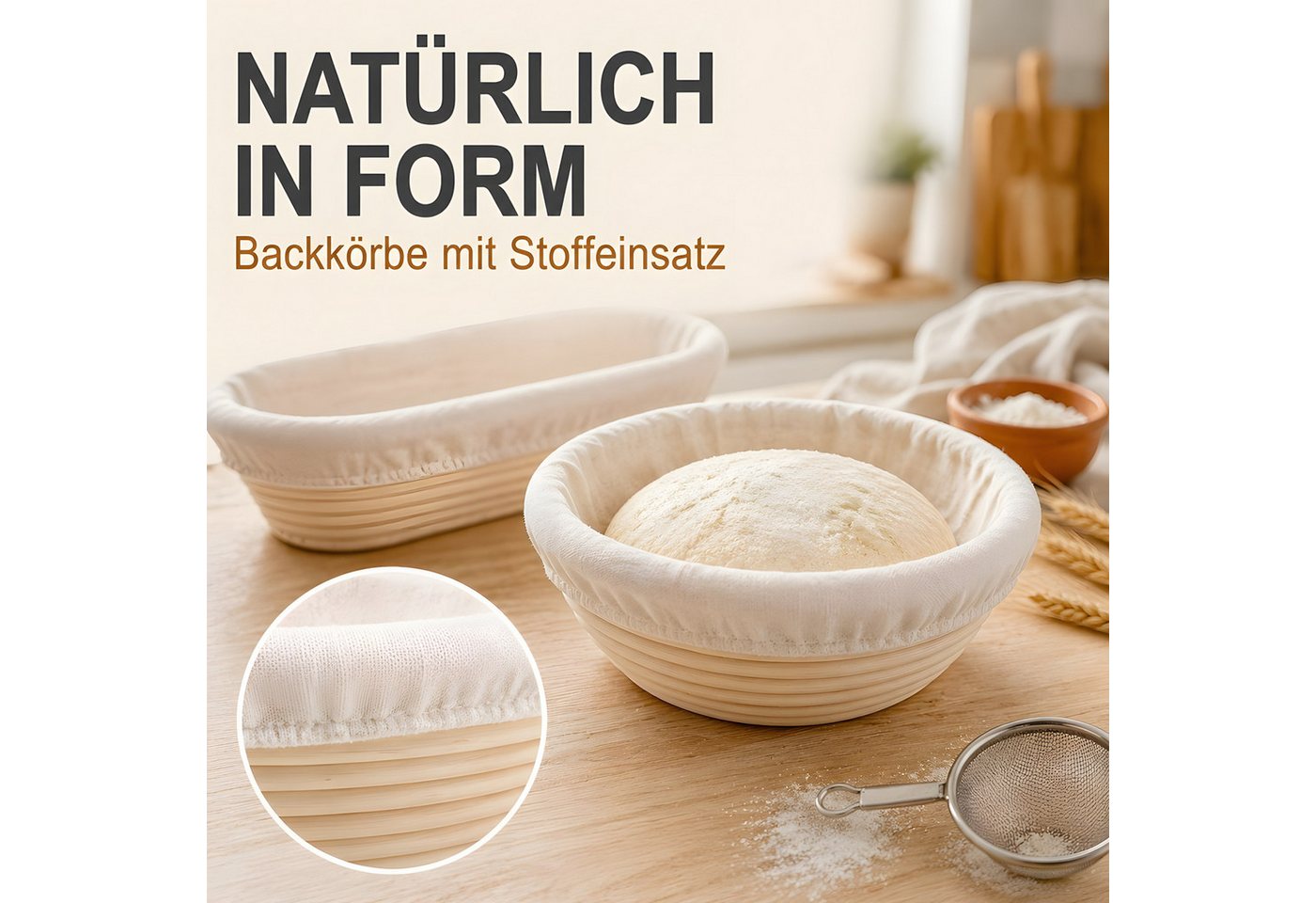 SURFOU Gärkorb Gärkörbchen Set 23-teilig für Sauerteig Starter Gärkorb Brot Set, (Teigschaber, Brotbackform Teigbesen Silikonpinsel Brotbacken), 25cm & 23cm Rattan Brotbackset Backen Zubehör mit Sauerteig Startergla