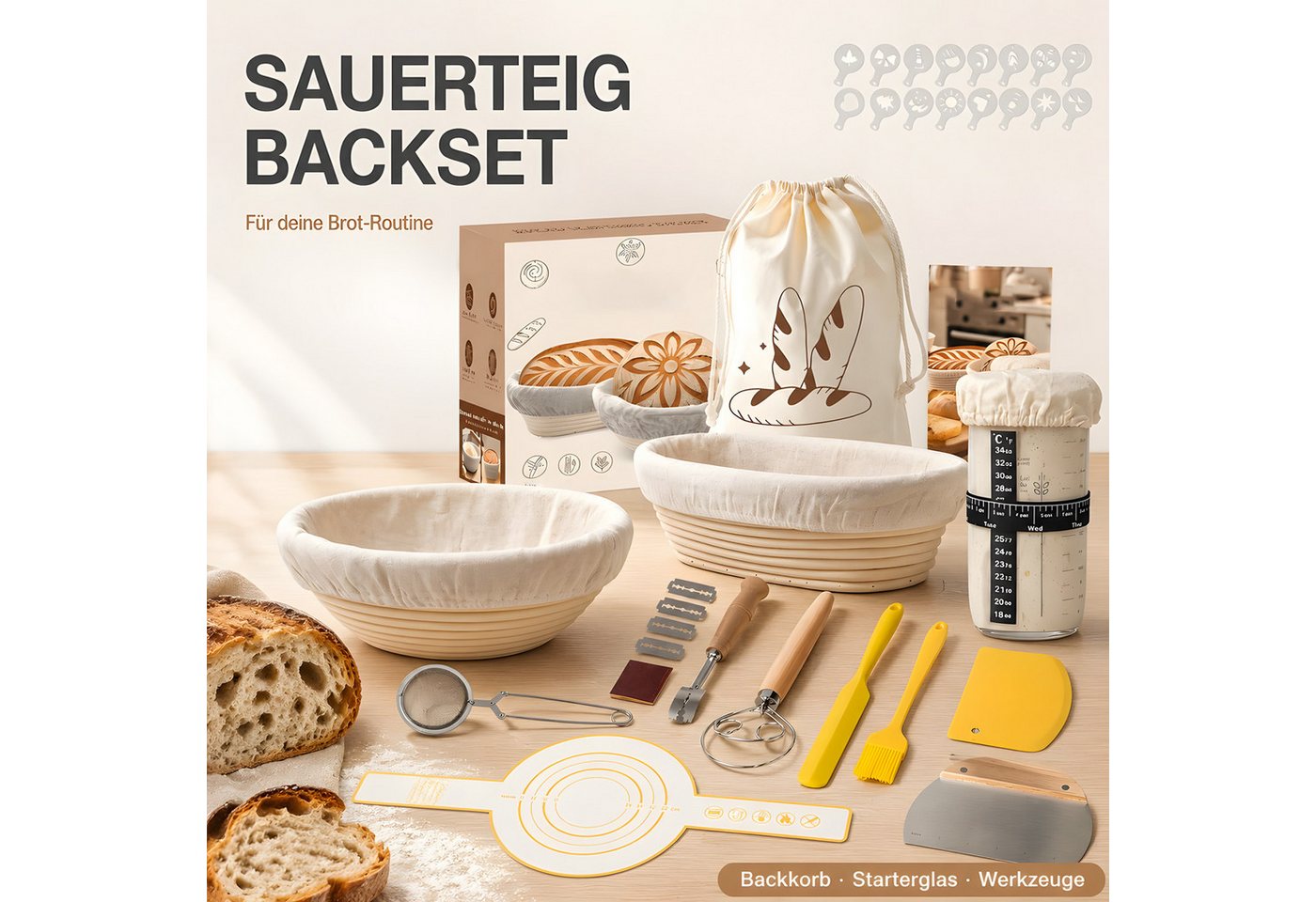 SURFOU Gärkorb Gärkörbchen Set 23-teilig für Sauerteig Starter Gärkorb Brot Set, (Teigschaber, Brotbackform Teigbesen Silikonpinsel Brotbacken), 25cm & 23cm Rattan Brotbackset Backen Zubehör mit Sauerteig Startergla Bild 2
