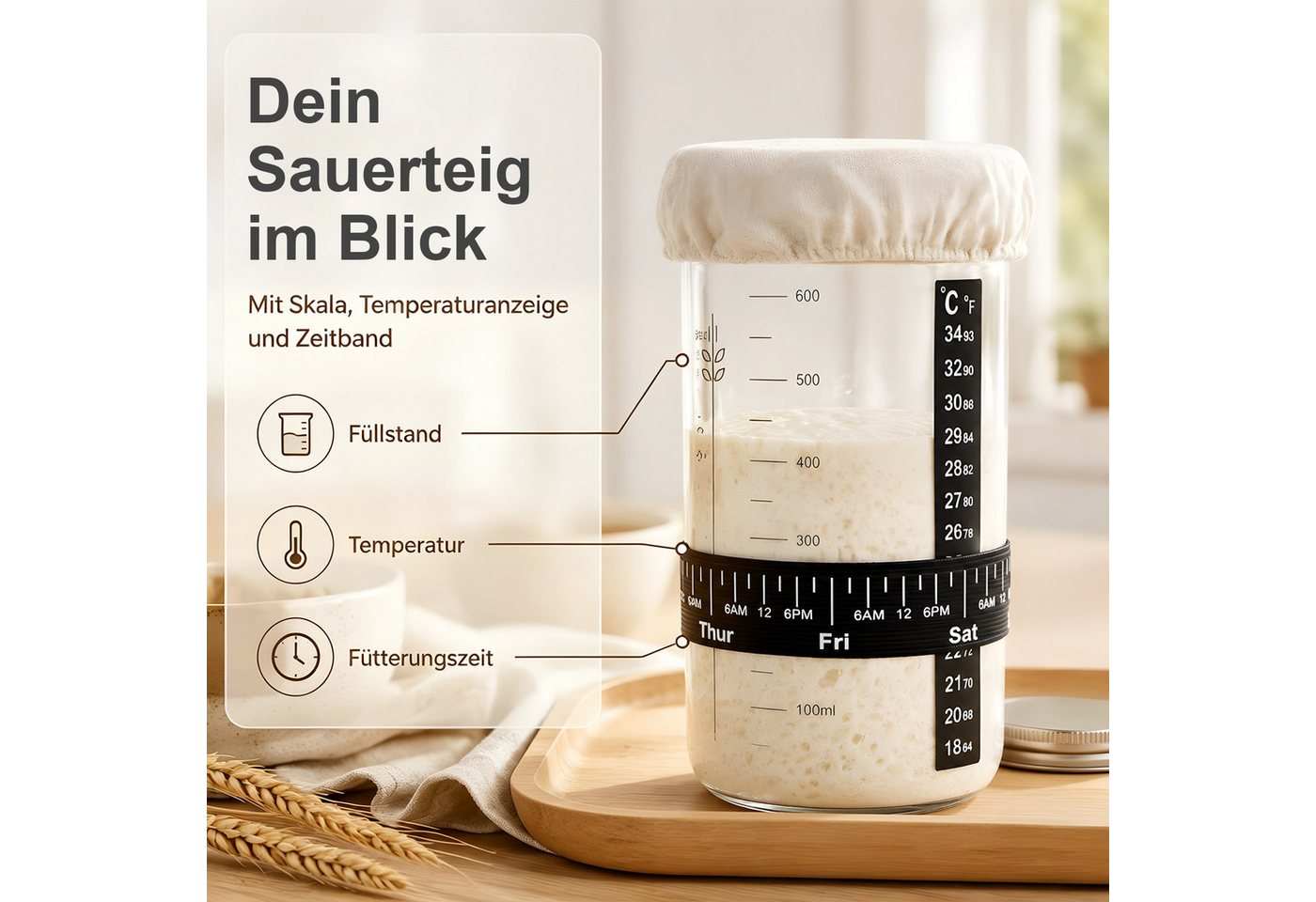 SURFOU Gärkorb Gärkörbchen Set 23-teilig für Sauerteig Starter Gärkorb Brot Set, (Teigschaber, Brotbackform Teigbesen Silikonpinsel Brotbacken), 25cm & 23cm Rattan Brotbackset Backen Zubehör mit Sauerteig Startergla Bild 3