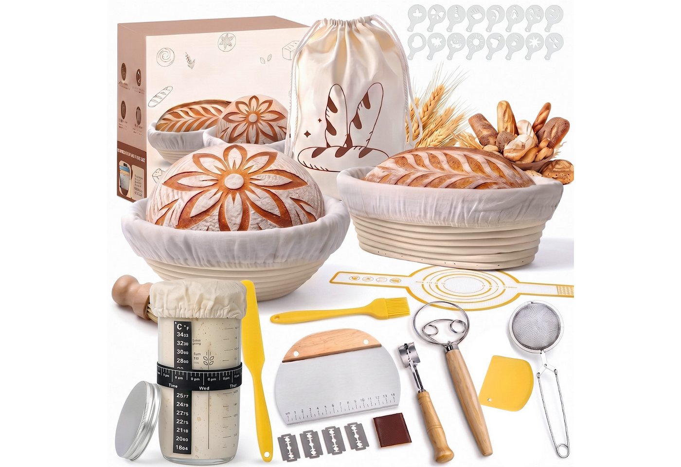 SURFOU Gärkorb Gärkörbchen Set 23-teilig für Sauerteig Starter Gärkorb Brot Set, (Teigschaber, Brotbackform Teigbesen Silikonpinsel Brotbacken), 25cm & 23cm Rattan Brotbackset Backen Zubehör mit Sauerteig Startergla Bild 4