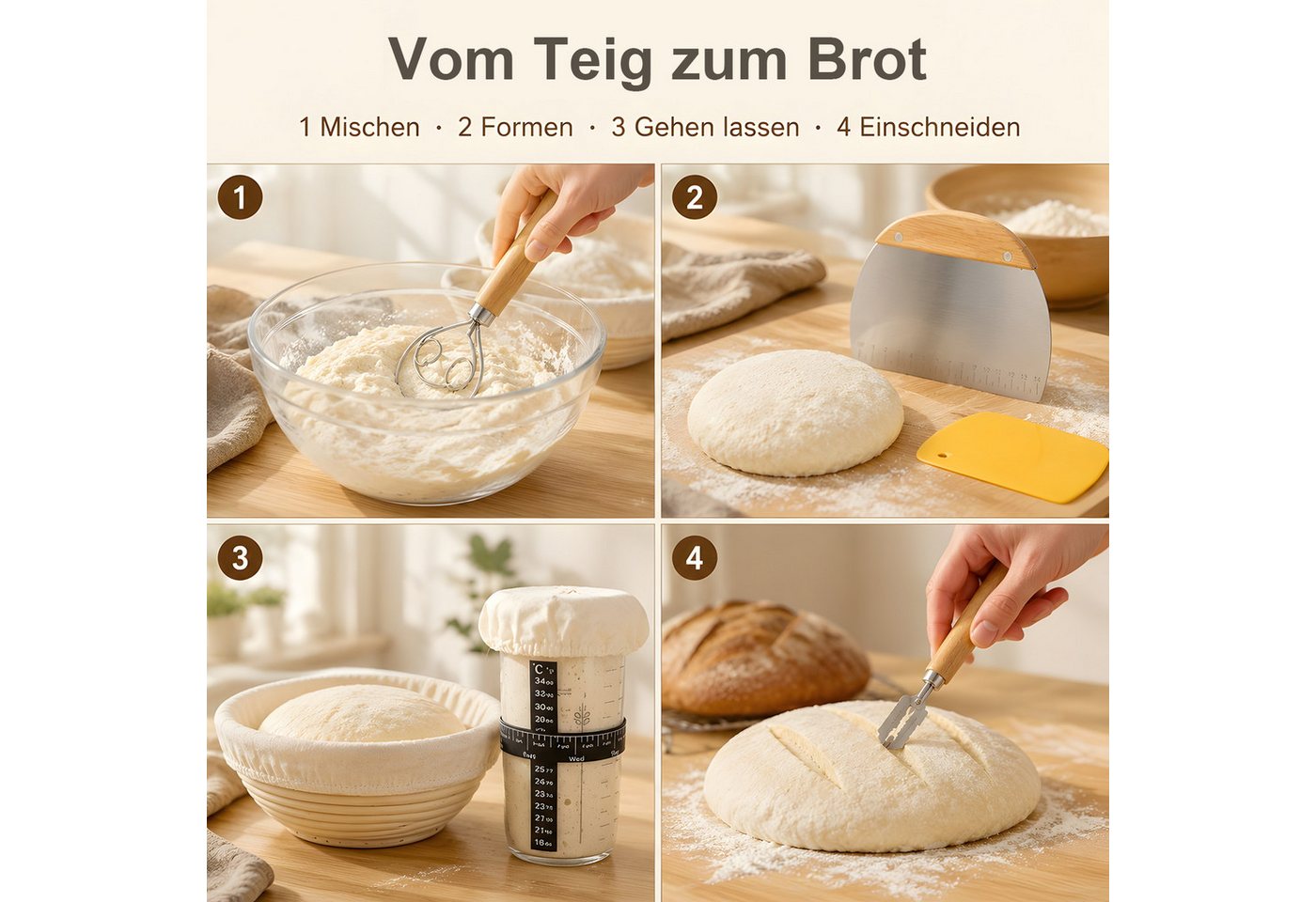 SURFOU Gärkorb Gärkörbchen Set 23-teilig für Sauerteig Starter Gärkorb Brot Set, (Teigschaber, Brotbackform Teigbesen Silikonpinsel Brotbacken), 25cm & 23cm Rattan Brotbackset Backen Zubehör mit Sauerteig Startergla Bild 5