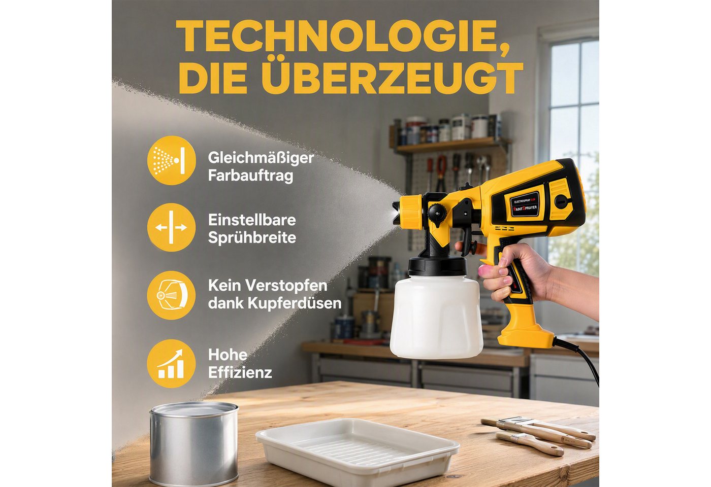 AKKEE Farbsprühpistole Elektrisches Farbsprühsystem,1400ml 850W Elektro Lackierpistole, 4 Kupferdüse und 3 Muster,für den Innen- und Außenbereich