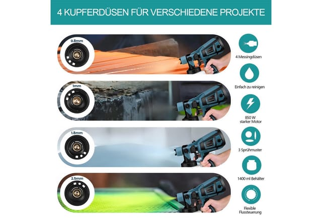 AKKEE Farbsprühpistole Elektrisches Farbsprühsystem, 1400ml 850W Elektro Lackierpistole, 4 Kupferdüse und 3 Muster,für den Innen- und Außenbereich