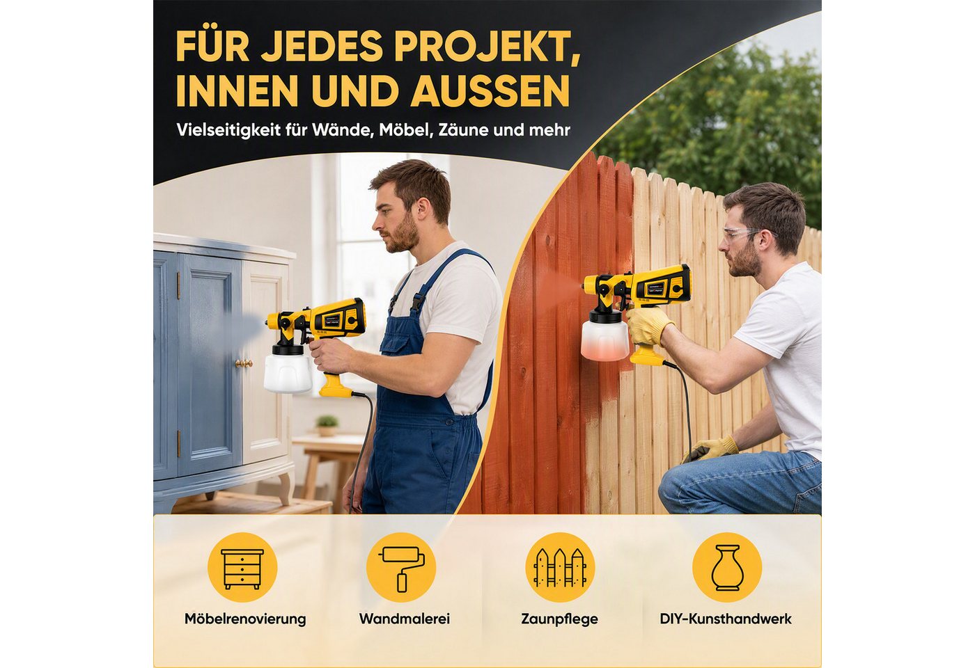 AKKEE Farbsprühpistole Elektrisches Farbsprühsystem,1400ml 850W Elektro Lackierpistole, 4 Kupferdüse und 3 Muster,für den Innen- und Außenbereich Bild 2