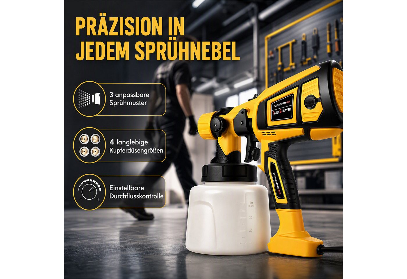 AKKEE Farbsprühpistole Elektrisches Farbsprühsystem,1400ml 850W Elektro Lackierpistole, 4 Kupferdüse und 3 Muster,für den Innen- und Außenbereich Bild 4