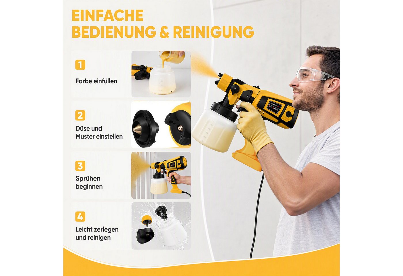 AKKEE Farbsprühpistole Elektrisches Farbsprühsystem,1400ml 850W Elektro Lackierpistole, 4 Kupferdüse und 3 Muster,für den Innen- und Außenbereich Bild 5