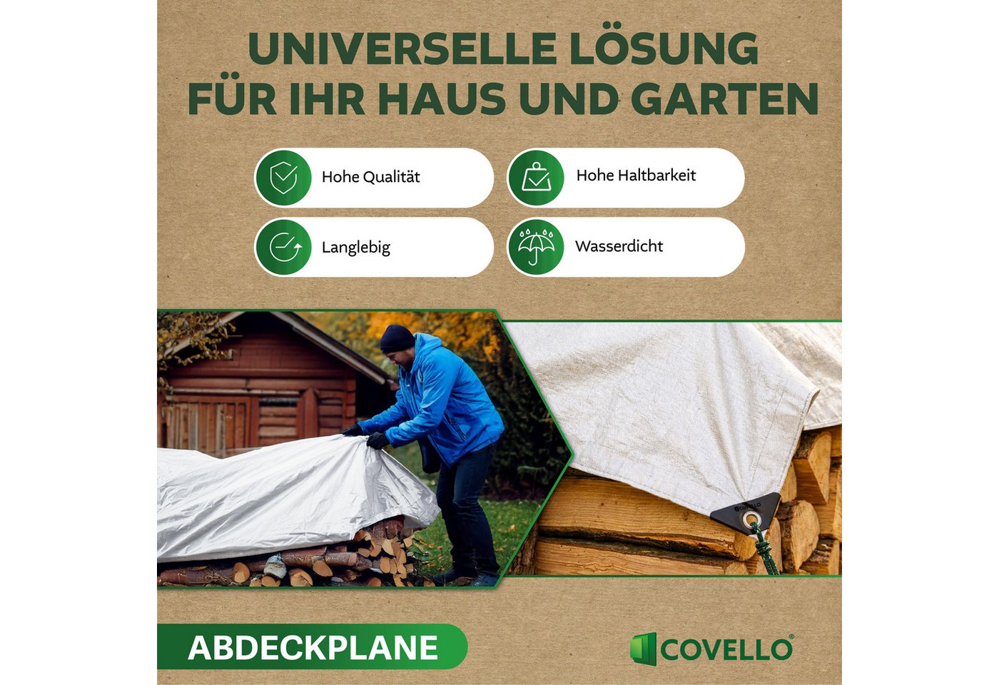 Covello Schutzplane 90g/m² weiß, Abdeckplane mit Ösen wasserdicht, Plane UV-stabilisiert in vielen verschiedenen Farben & Größen Bild 2