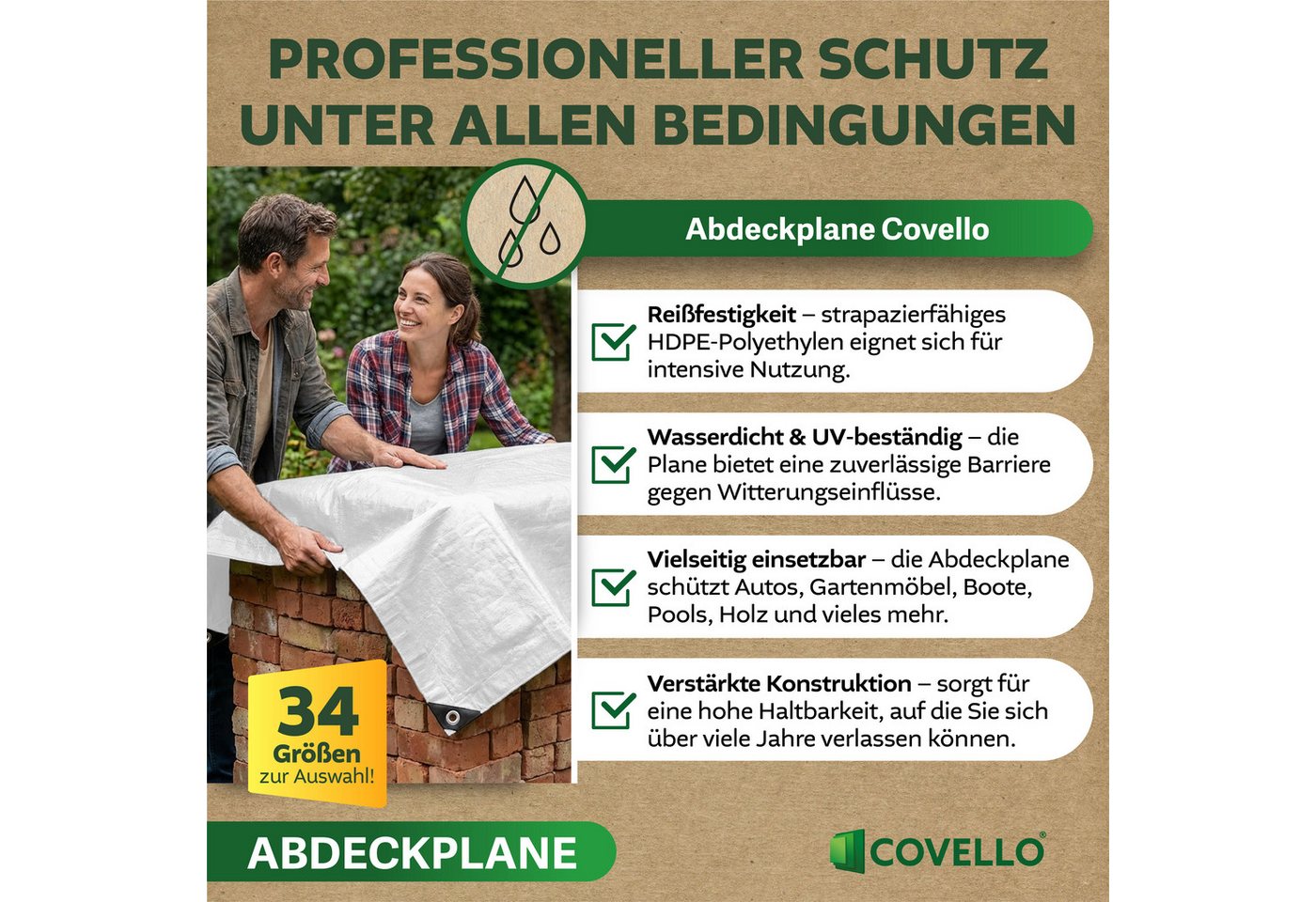 Covello Schutzplane 90g/m² weiß, Abdeckplane mit Ösen wasserdicht, Plane UV-stabilisiert in vielen verschiedenen Farben & Größen Bild 3