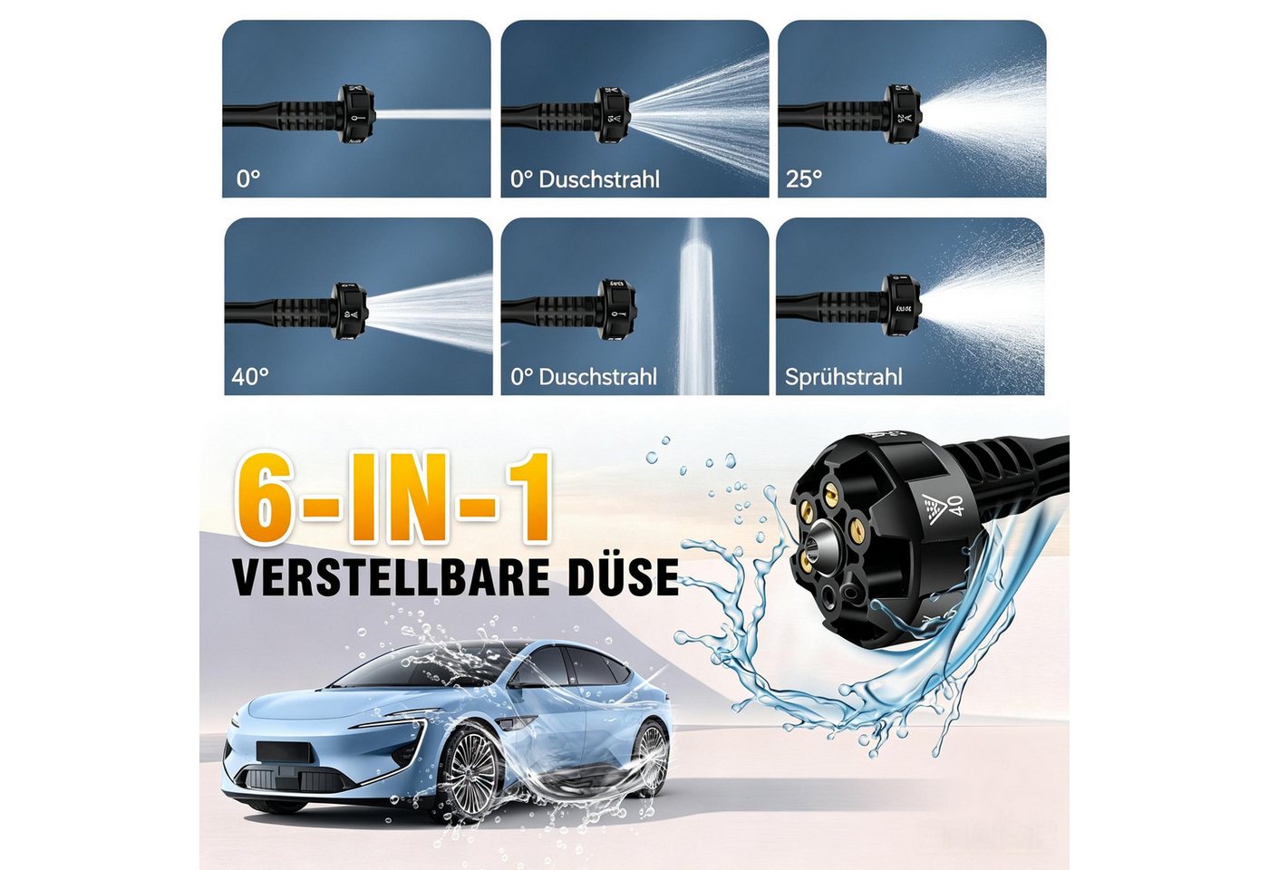 AIBISTAR Akku-Hochdruckreiniger 6-in-1 Kabelloser Hochdruckreiniger, 3000mAh, 70 Bar, 2 Akkus, Druck max: 70 bar, Akku-Hochdruckreiniger Ideal für Auto, Terrasse, Fassade & Garten Bild 5