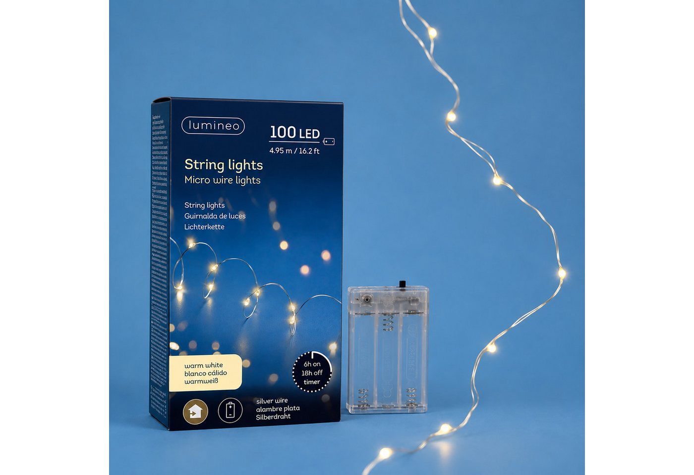 Lumineo LED-Lichterkette, LED Lichterkette mit Timer / Batteriebetrieb 495cm 100 LEDs Warmweiß