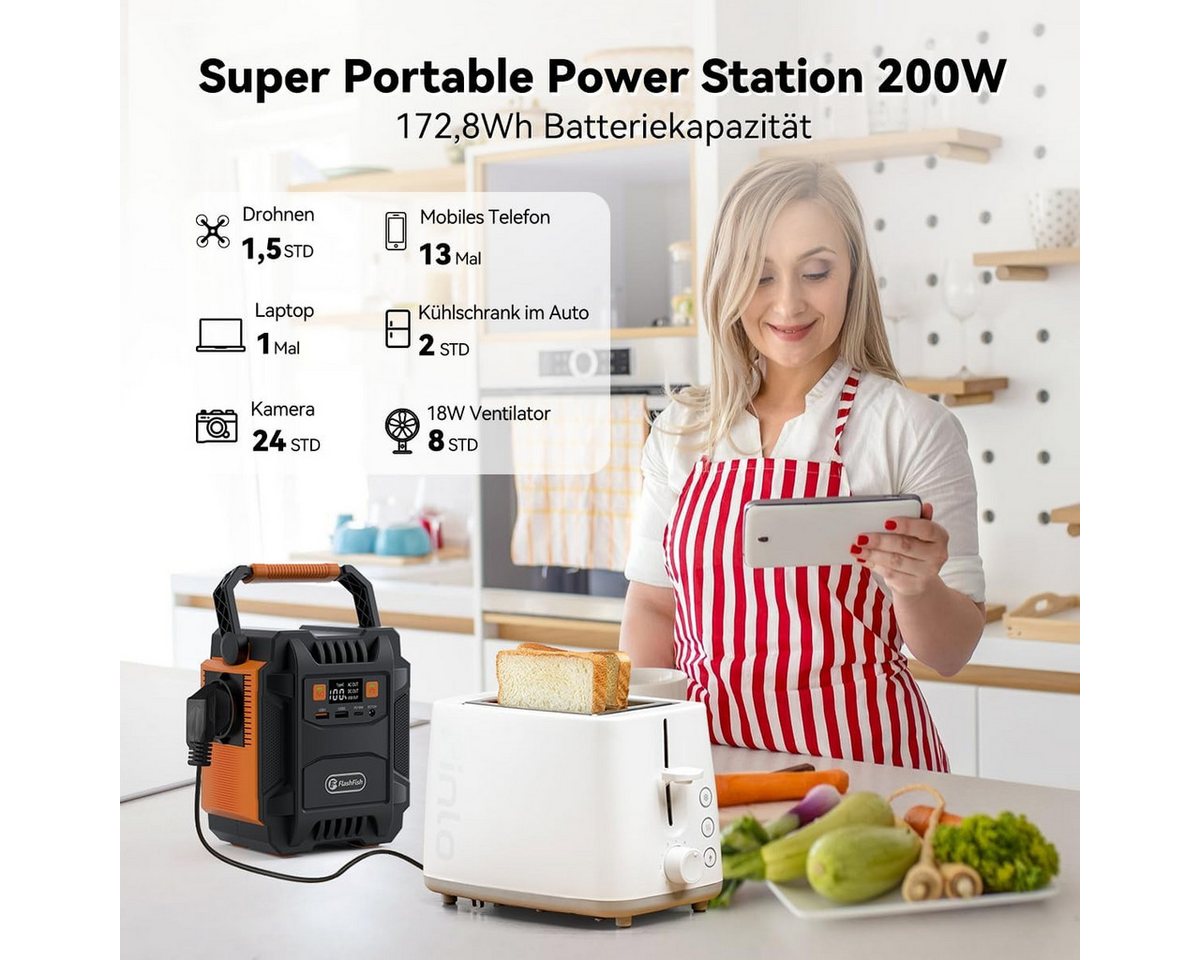 Flashfish Stromerzeuger Powerstation 200W, 172Wh Stromgenerator Solar, AC-Ausgang 230V, 0,4 in kW