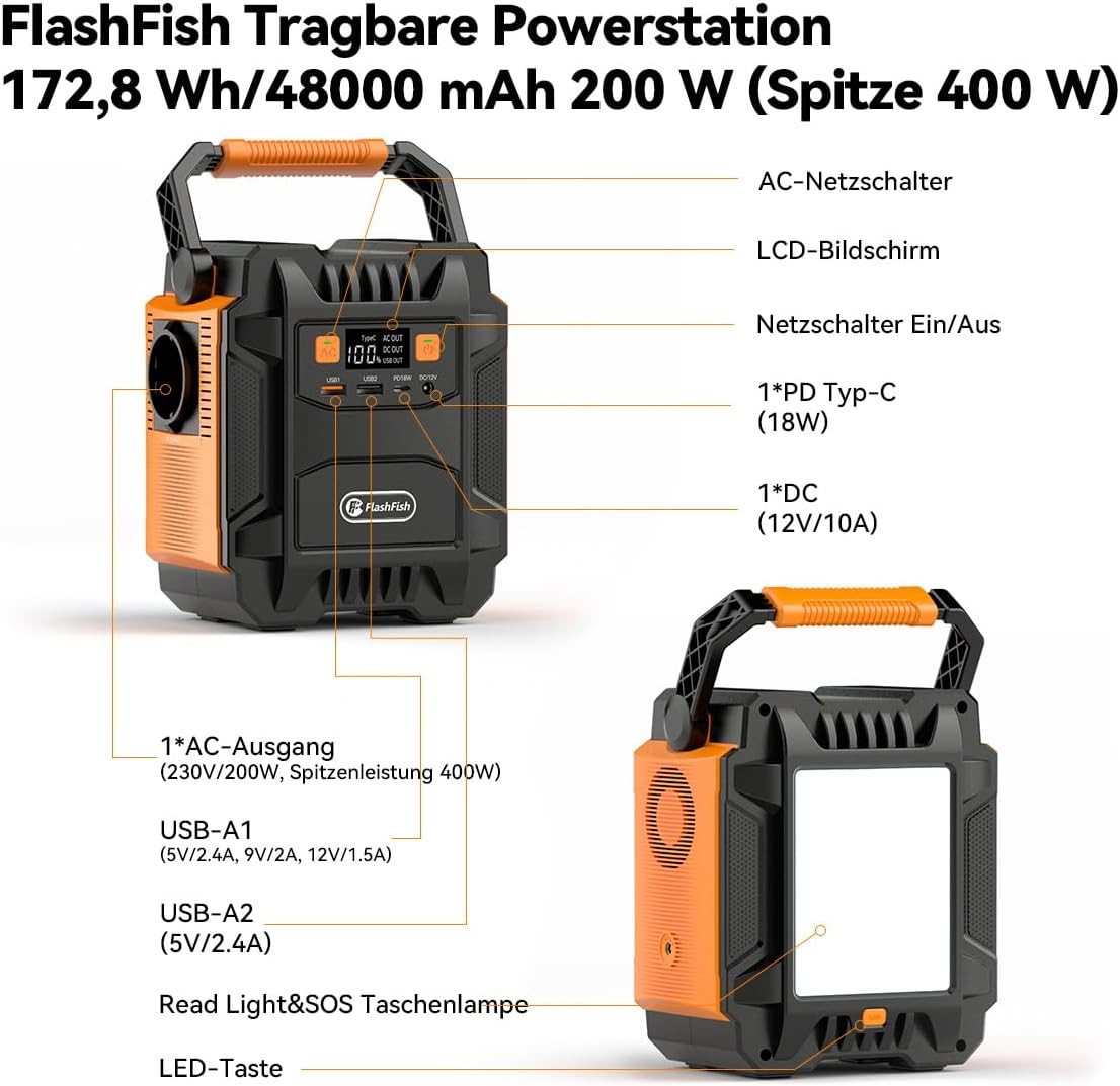 Flashfish Stromerzeuger Powerstation 200W, 172Wh Stromgenerator Solar, AC-Ausgang 230V, 0,4 in kW Bild 3