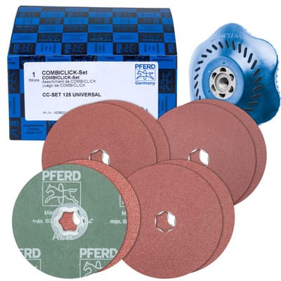 PFERD 42098001 - Fiberscheiben-Set Korund Ø125mm A36, 60, 80, 120 mit Stützteller
