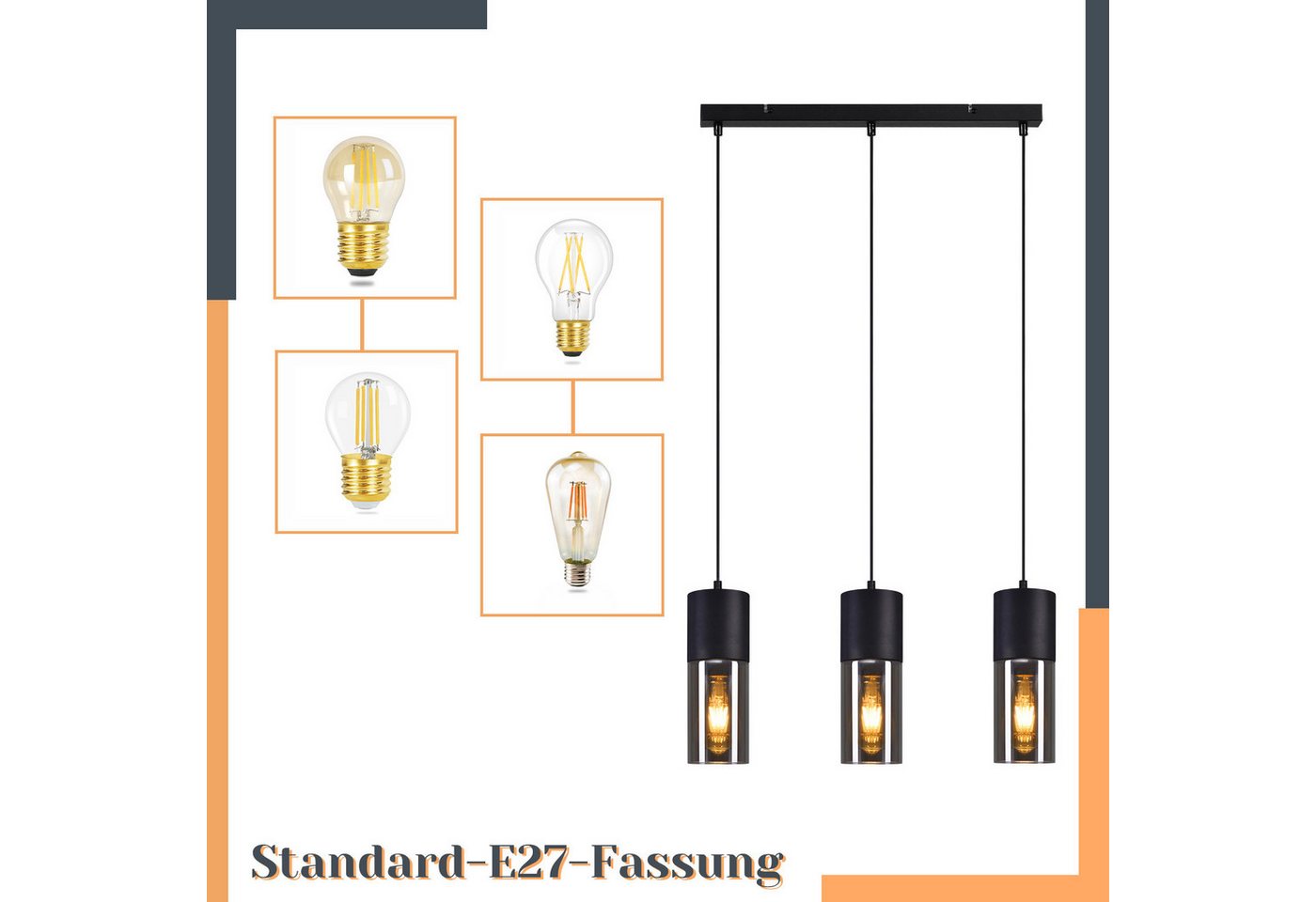 ZMH Pendelleuchte 3/4-flammig, Schwarz, E27, höhenverstellbar, ohne Leuchtmittel, Metall- und Glas-Lampenschirme Bild 3