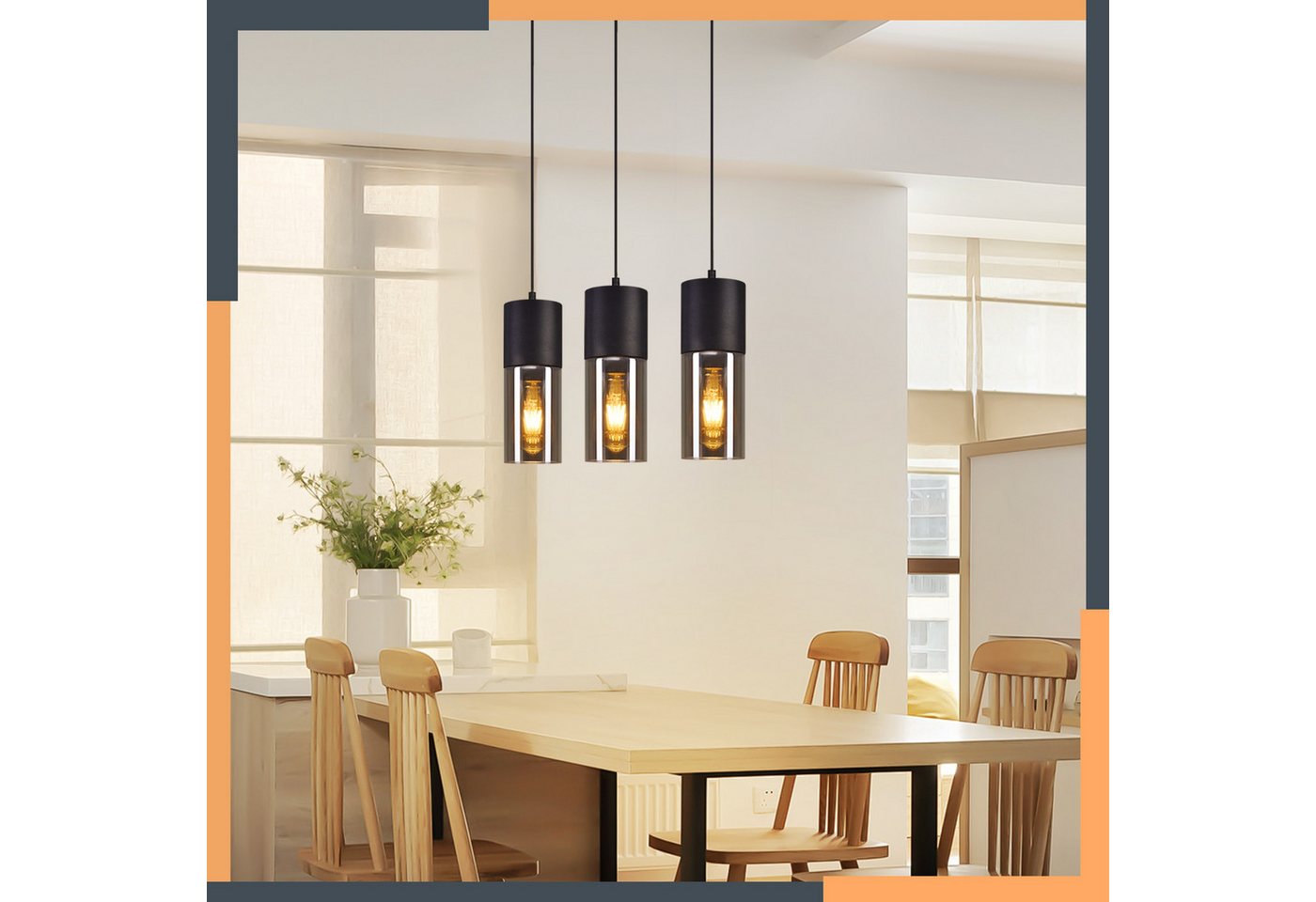 ZMH Pendelleuchte 3/4-flammig, Schwarz, E27, höhenverstellbar, ohne Leuchtmittel, Metall- und Glas-Lampenschirme Bild 4