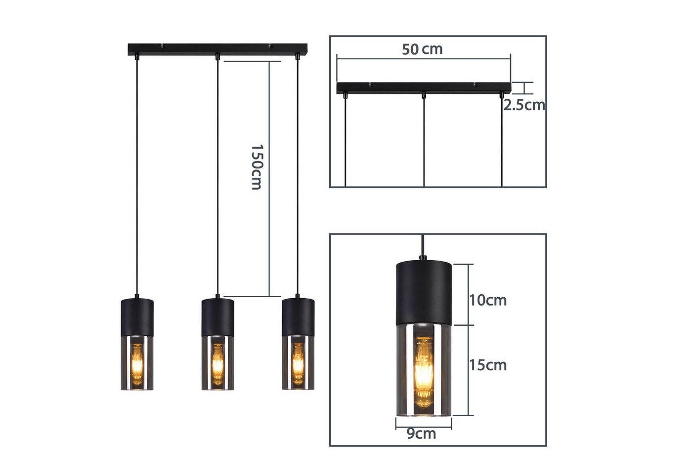 ZMH Pendelleuchte 3/4-flammig, Schwarz, E27, höhenverstellbar, ohne Leuchtmittel, Metall- und Glas-Lampenschirme Bild 5