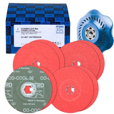 PFERD 42098002 - Fiberscheiben-Set Keramikkorn Ø125mm, 36, 60, 80, 120 mit Stützt