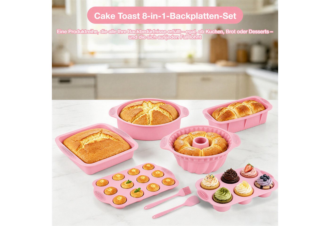 BlingBin Backform 8 Stück Silikon Backformen Set, Kuchenform Muffinform für Backen, (8er Set 8-tlg), Antihaft Springform mit Backpinsel Silikonspatel für Muffin Kuchen