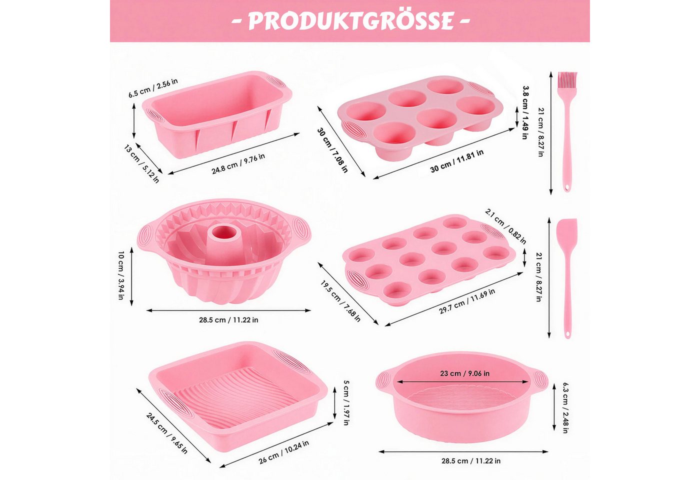 BlingBin Backform 8 Stück Silikon Backformen Set, Kuchenform Muffinform für Backen, (8er Set 8-tlg), Antihaft Springform mit Backpinsel Silikonspatel für Muffin Kuchen Bild 2