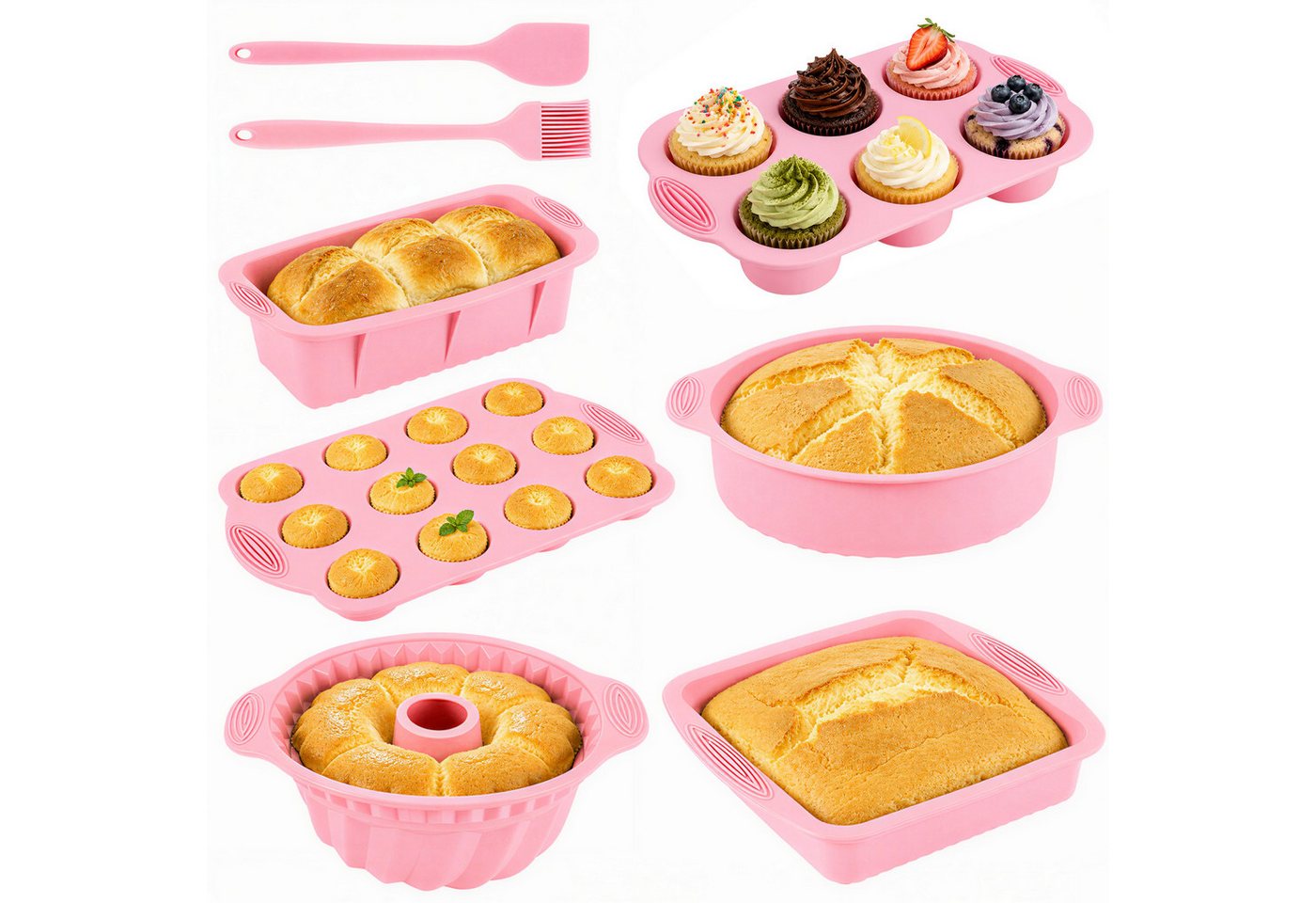 BlingBin Backform 8 Stück Silikon Backformen Set, Kuchenform Muffinform für Backen, (8er Set 8-tlg), Antihaft Springform mit Backpinsel Silikonspatel für Muffin Kuchen Bild 3