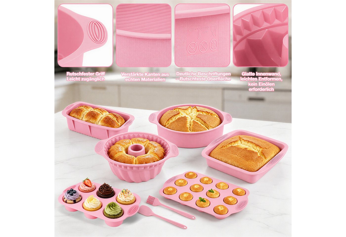 BlingBin Backform 8 Stück Silikon Backformen Set, Kuchenform Muffinform für Backen, (8er Set 8-tlg), Antihaft Springform mit Backpinsel Silikonspatel für Muffin Kuchen Bild 4