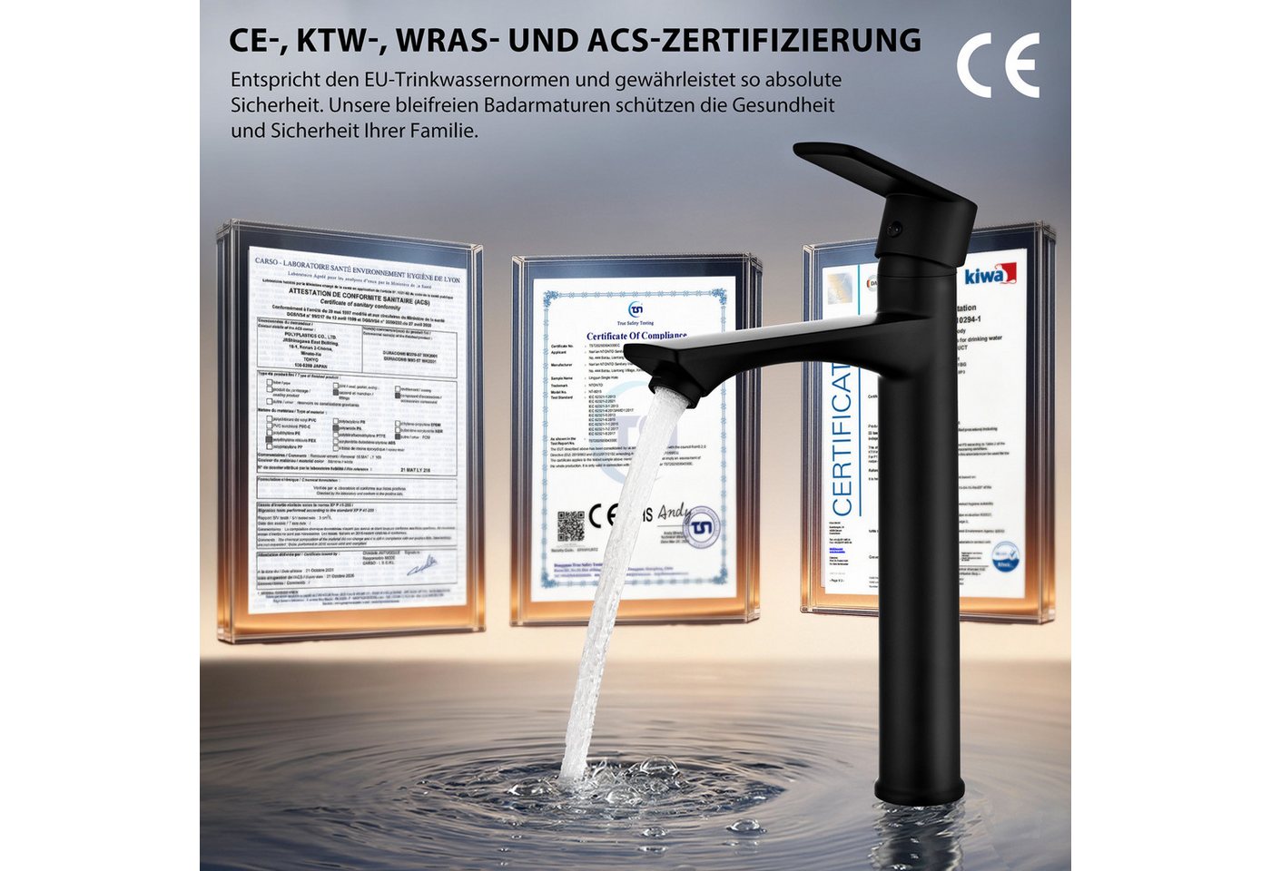 HOMELODY Waschtischarmatur Einhebelmischer Bad Wasserhahn Mischbatterie Armatur Waschbecken (Set) Keramikkartusche, Perlator, 3/8 Anschluss, einfache Montage, Schwarz Bild 2