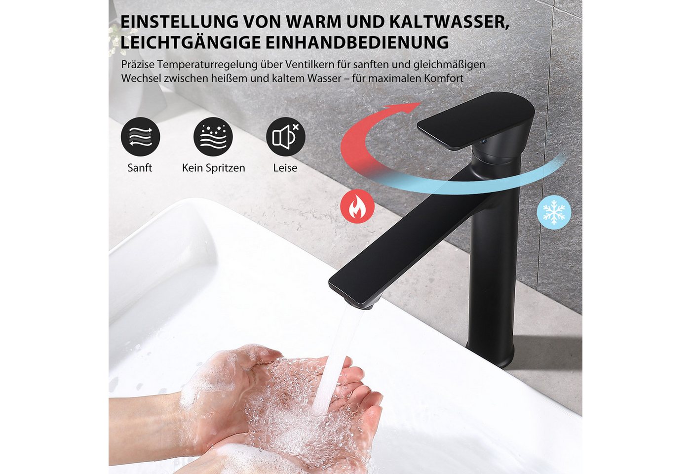 HOMELODY Waschtischarmatur Einhebelmischer Bad Wasserhahn Mischbatterie Armatur Waschbecken (Set) Keramikkartusche, Perlator, 3/8 Anschluss, einfache Montage, Schwarz Bild 3