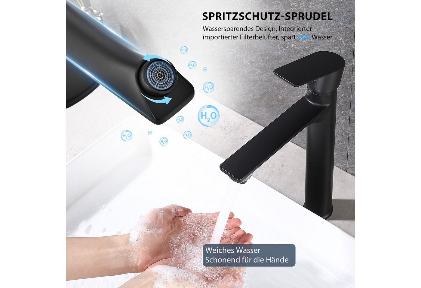 HOMELODY Waschtischarmatur Einhebelmischer Bad Wasserhahn Mischbatterie Armatur Waschbecken (Set) Keramikkartusche, Perlator, 3/8 Anschluss, einfache Montage, Schwarz Bild 4