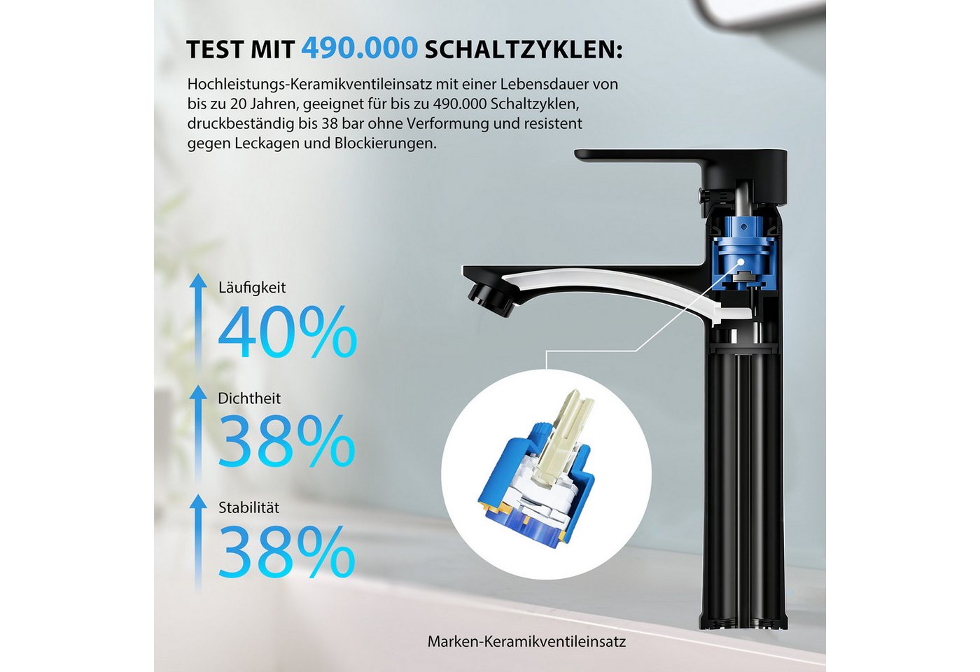 HOMELODY Waschtischarmatur Einhebelmischer Bad Wasserhahn Mischbatterie Armatur Waschbecken (Set) Keramikkartusche, Perlator, 3/8 Anschluss, einfache Montage, Schwarz Bild 5