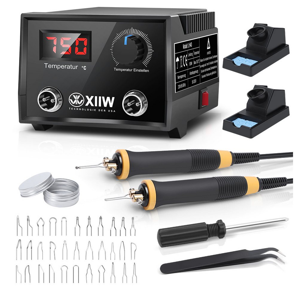 XIIW Kreativset 100W Brandmalerei Lötkolben Einstellbare Temperatur Brandstift, (0-750°C, Digitalanzeige, 33 * Stiftköpfe, für Holz, 42-tlg., Leder, Gravieren, Skulptur, 41tlg, Brandmalstation), Pyrographie Holzverbrennungs Bild 2