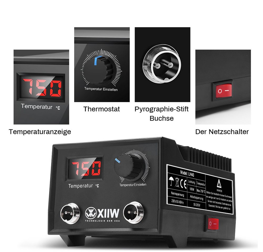 XIIW Kreativset 100W Brandmalerei Lötkolben Einstellbare Temperatur Brandstift, (0-750°C, Digitalanzeige, 33 * Stiftköpfe, für Holz, 42-tlg., Leder, Gravieren, Skulptur, 41tlg, Brandmalstation), Pyrographie Holzverbrennungs Bild 4