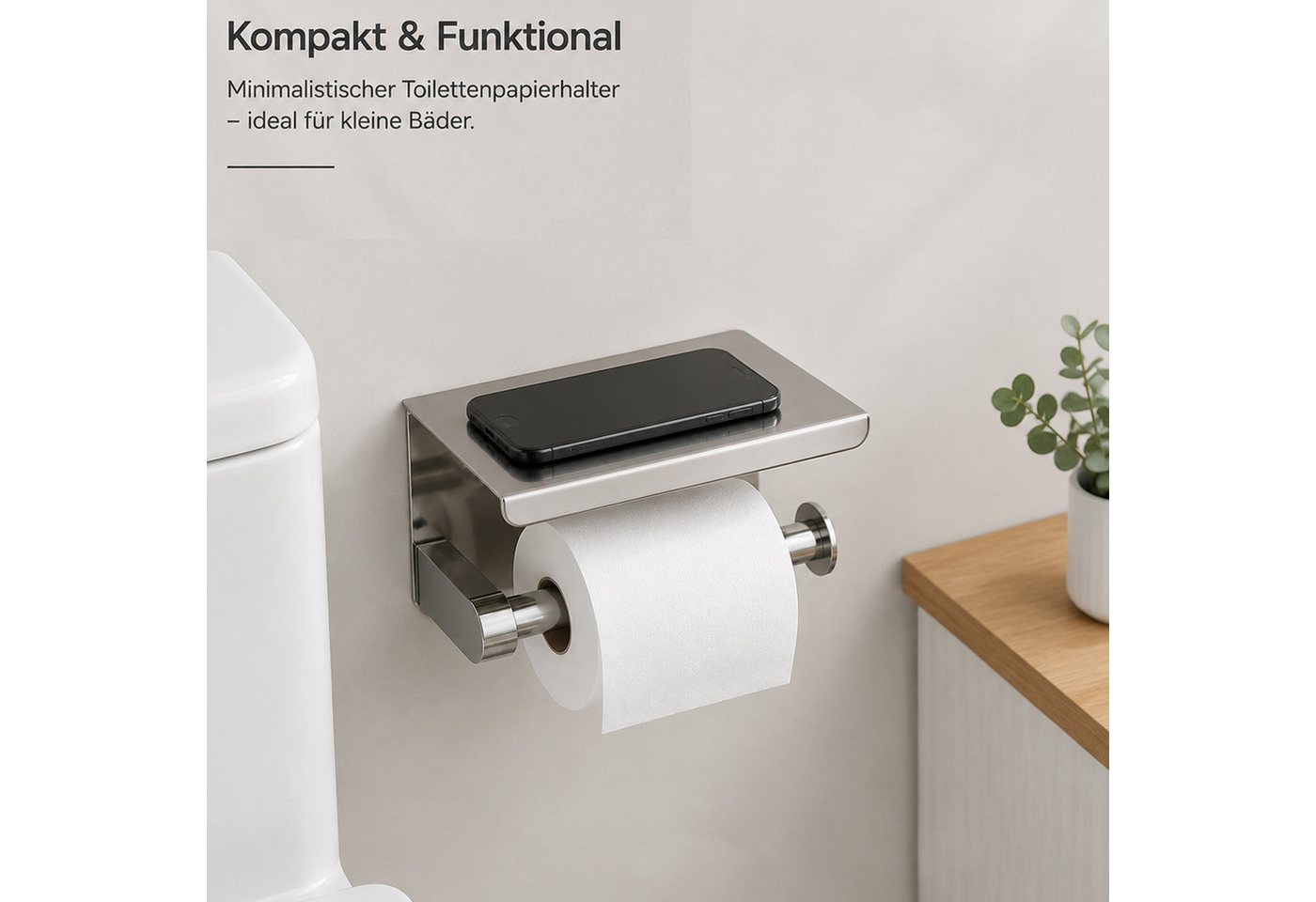 BOOD Toilettenpapierhalter aus Edelstahl mit Ablage, bohr‑/klebbar Wandmontage für Bad & Küche (Packung, inkl. Montagezubehör für Bohr‑ und Klebemontage), Praktische Ablagefläche,für Bad,Küche,passend für gängige Papierrollen