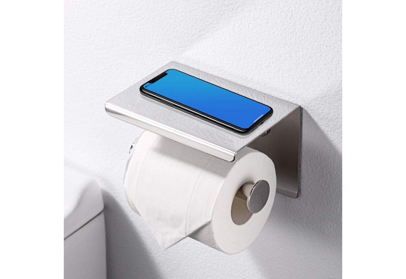 BOOD Toilettenpapierhalter aus Edelstahl mit Ablage, bohr‑/klebbar Wandmontage für Bad & Küche (Packung, inkl. Montagezubehör für Bohr‑ und Klebemontage), Praktische Ablagefläche,für Bad,Küche,passend für gängige Papierrollen Bild 3